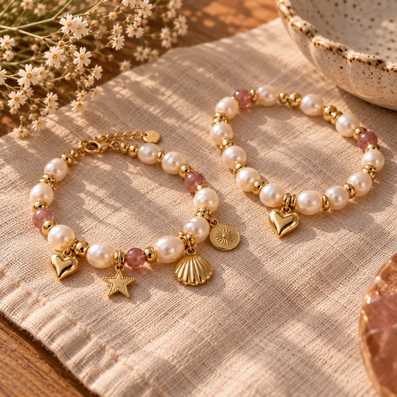 Bracelet à breloques fait main avec petites breloques dorées et perles nacrées