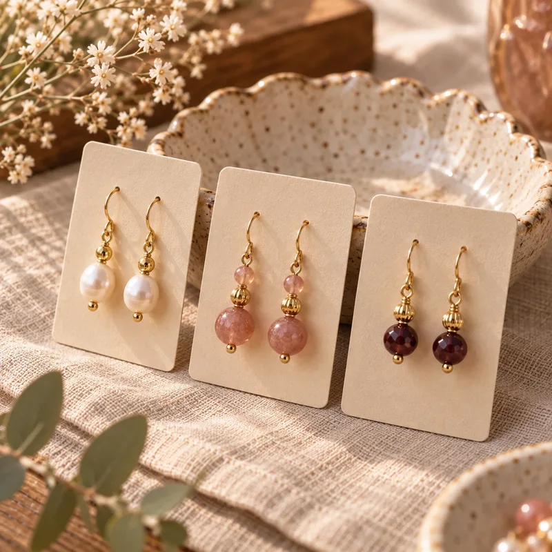 Paires de boucles d'oreilles pendantes en perles faites main sur une carte de présentation
