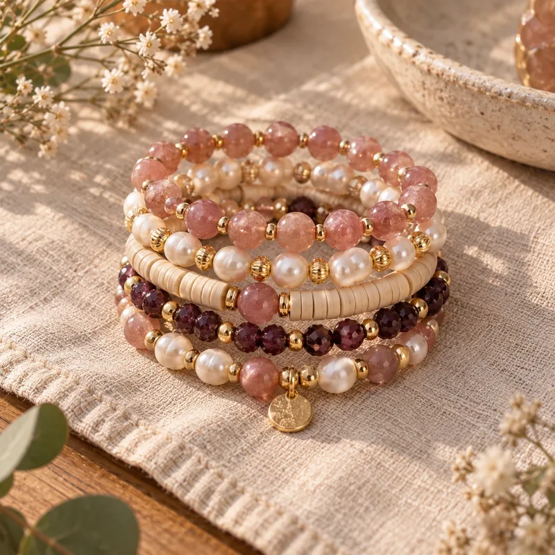 Une pile de bracelets en perles faits main dorés, nacrés et rose poudré