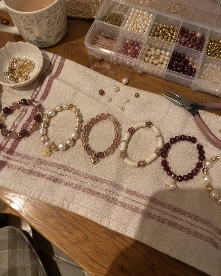 Bracelets en perles faits main disposés sur une table de cuisine