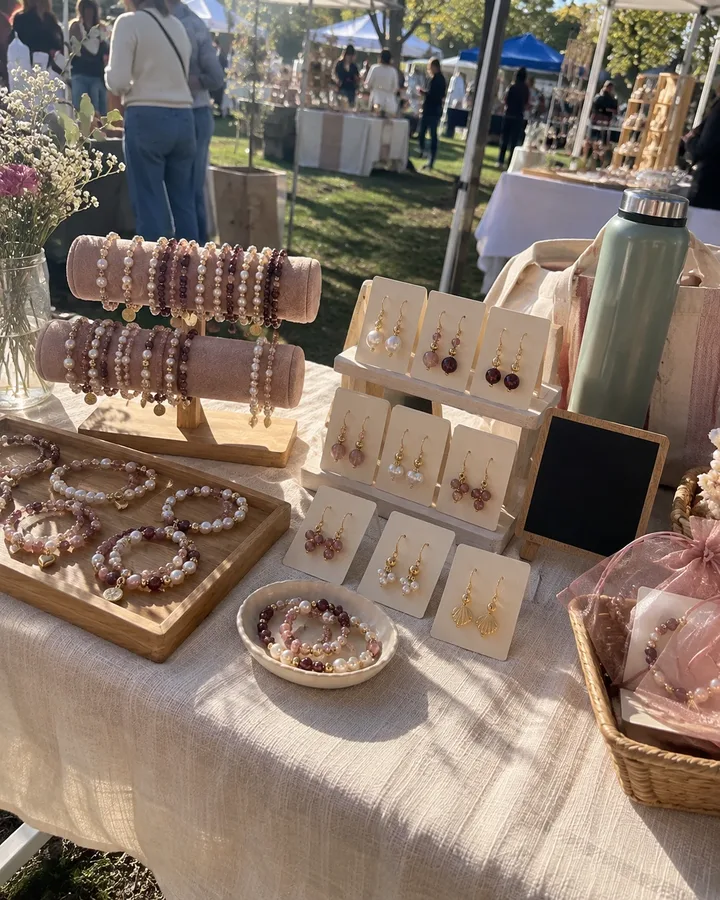 Un petit stand de marché artisanal avec des bijoux en perles faits main exposés