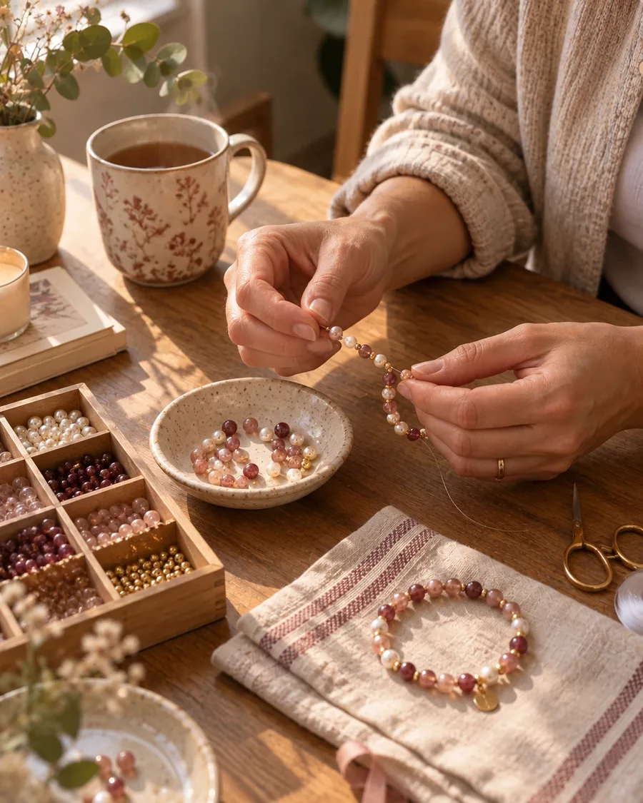 Une femme enfilant des perles sur un fil à une table ensoleillée avec une tasse de thé