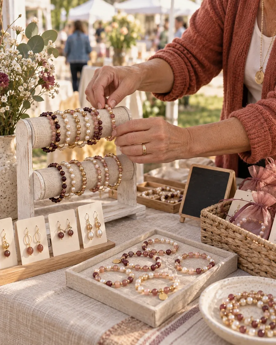 Une femme disposant des bijoux en perles faits main sur un petit stand de marché