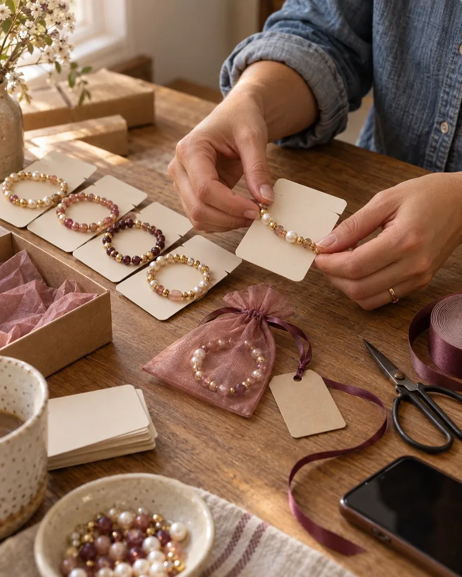 Emballage d'un bracelet en perles fait main sur une carte de présentation pour la vente